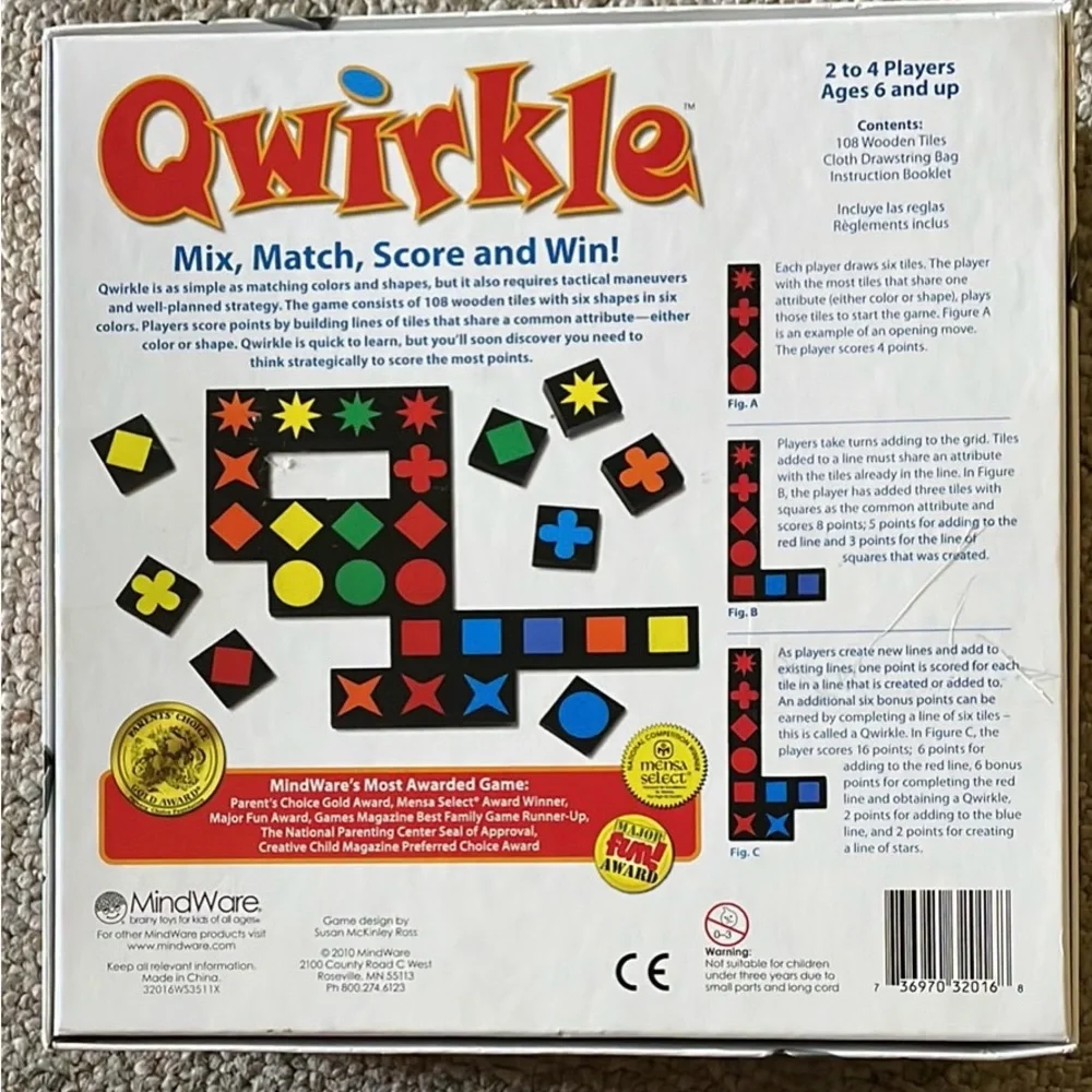 QUIRKLE Game MENSA SELECT Parents’ Choice and MAJOR FUN awards! Like new Age 6+